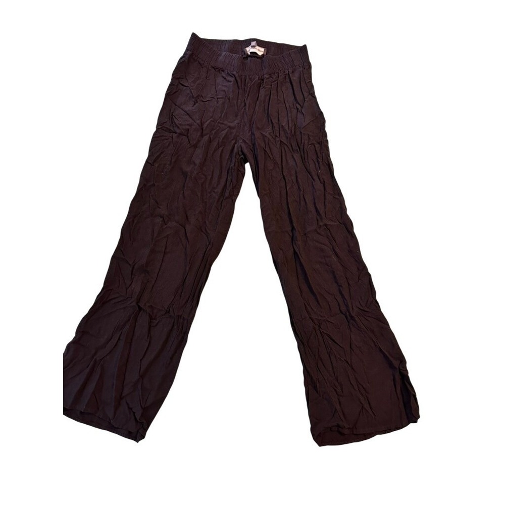 Ambiance Apparel Women Black Crinkle Rayon Wide Leg Pants Size S Elastic Waist